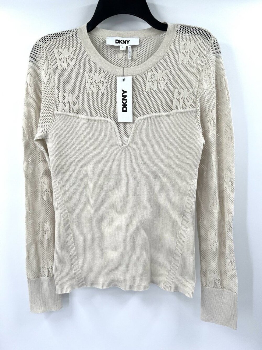 DKNY Long-sleeve MESH TOP LOGO FITTED KNIT TOP IN CREAM COLOR SIZE LARGE